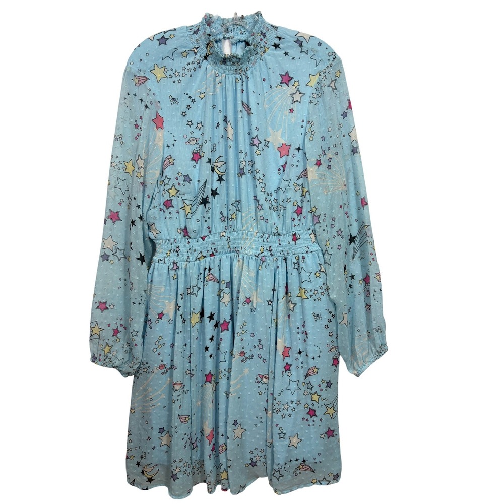 Torrid Blue Celestial Star Print Clip Dot Smocked Mini Dress 0 L 12 - Picture 2 of 8